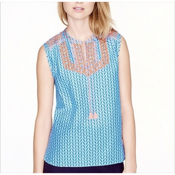 J. Crew Sleeveless Top Womens 12 Blue Coral Embroidered Tassel Boho Summer Beach - Picture 1 of 10